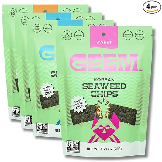 GEEM Seaweed Snacks – Korean Seaweed Chips with Rice Crisps & Sesame | Crunchy, Oil-Free Snack | Vegan, Non-GMO | Great for Kids & Adults | Variety 4-Pack