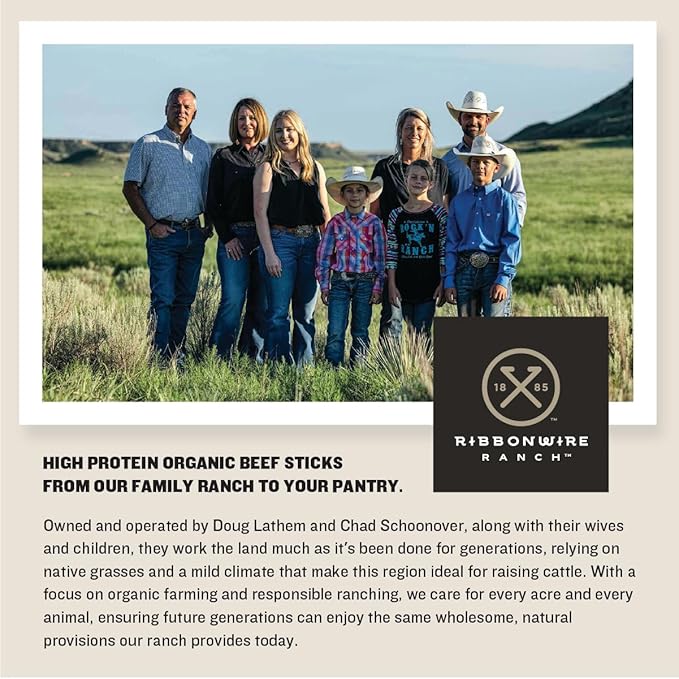 Ribbonwire Ranch Beef Jerky Snack Sticks - Made with Organic Beef, Pasture Raised, High Protein Snack - Healthy, Low Carb, Gluten-Free, Nitrate Free, Perfect for On-the-Go & Keto Diets (1 Count (Pack of 12), Sweet N Spicy)