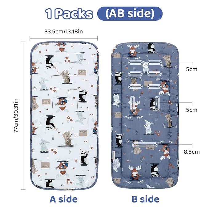 Baby Stroller Cushion,Infant Car Seat Insert-Reversible Universal Breathable and Soft Newborn Stroller Mat,100% Cotton Cover Toddler Seat Pad Liner-34x78cm,1 Pack(Music Animal White+Blue)