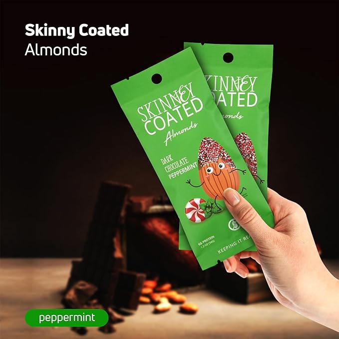 Skinny Coated Almonds Dark Chocolate Peppermint Flavored Healthy Chocolate Snacks Bulk - Skinny Almonds, Kosher, Gluten Free Snacks for Adults, 1.2Oz Bag, 6 Pack