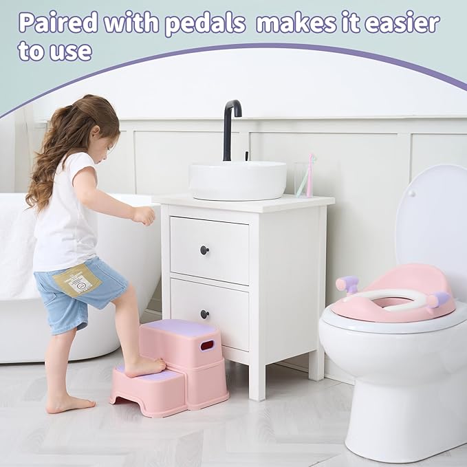 Potty Training Toilet Seat with Kids Step Stool Anti-Slip Toddler Potty Seat with Soft Cushion, Baby Potty Training Set Toddlers Toilet Seat for Boys and Girls (Pink)
