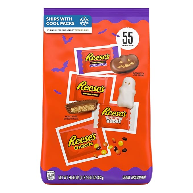 REESE'S Assorted Flavored Snack Size Peanut Butter, Halloween Candy Bag, 30.45 oz (55 Pieces)