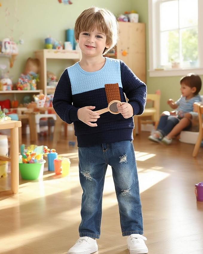 NZRVAWS Toddler Baby Boy Clothes Pullover Sweater Ripped Jean Sweatsuit Little Boy Outfit Fall Winter Clothing Set 6M-7T