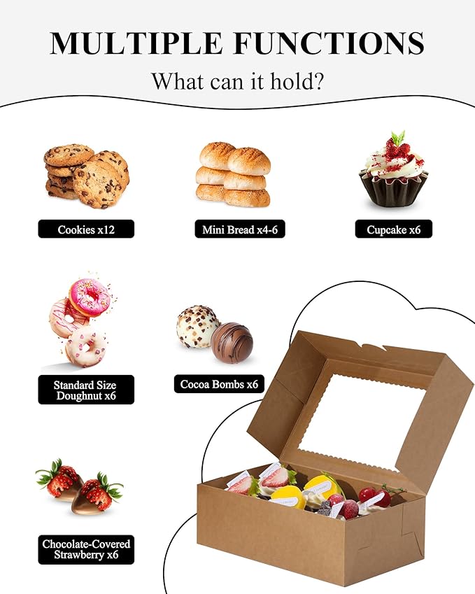 COTOPHER 10Pcs Cookie Boxes with Ribbons, 9x6x3 Inch Bakery Boxes with Window, Brown Treat Containers for Pastries, Chocolate Covered Strawberries, Dessert, Easter Candy, Muffins, Donuts