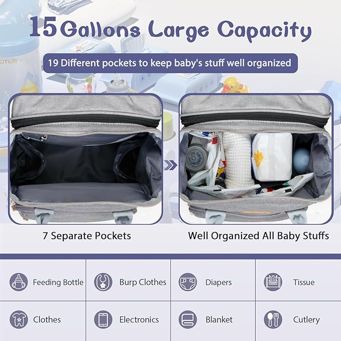 Baby Diaper Bag, Backpack with Changing Table, Unisex Baby Bag, with Diaper Pad, USB Charging Port, Insulated Pacifier Case, Multifunctional Waterproof Travel Diaper Bag, Gift for Newborn Baby (Grey)