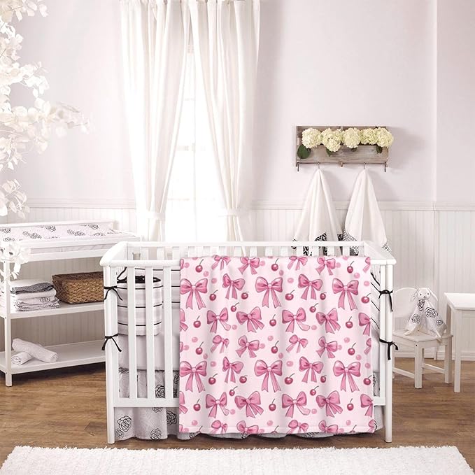 Baby Blanket Pink Bow Pattern Cherry for Boy Girl Newborn 30x40 Inch Toddler Infant Nursery Throw Blankets Double Layer Comfy Soft Plush Stroller Crib Quilt
