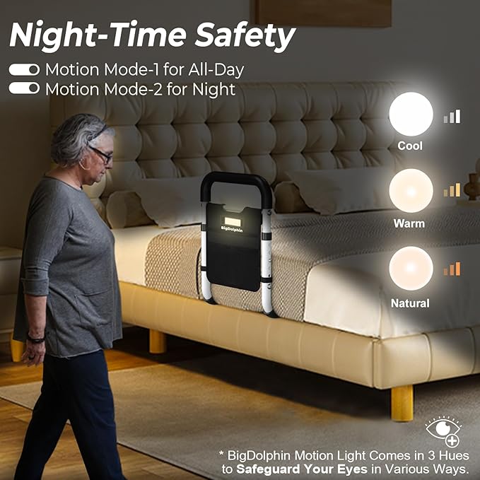 Bed Rails for Elderly Adults Safety 2026 Upgrade, ASTM-Certified Adjustable Bed Cane with Motion Sensor Light, Non-Slip Grip & Storage Pocket, Bed Railings for Seniors Support 350 LBS, Tool-Free