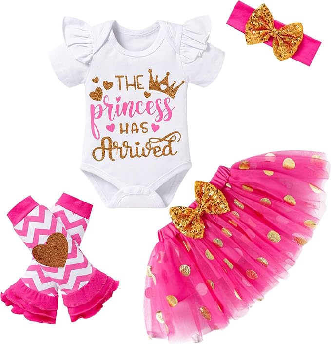 Newborn Baby Girl Outfits Infant Letter Print Romper+Tutu Skirt+Headband+Legging Warmer Coming Home Clothes Set