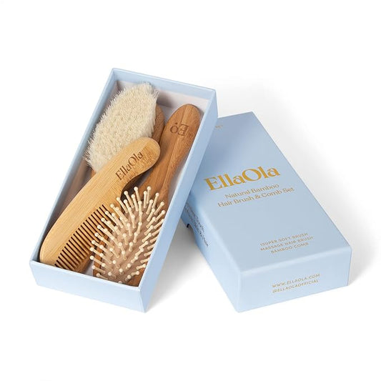 ELLAOLA Natural Bamboo Hair Brush & Comb Set, 3 Piece - Cradle Cap Brush, Massage Hair Brush, Bamboo Comb for Toddlers, Newborns & Infants I Baby Registry Gift