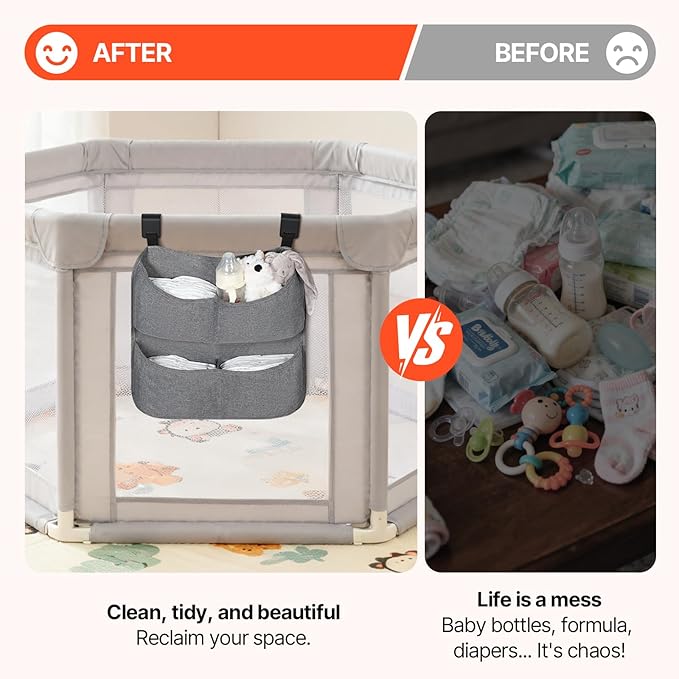 Hanging Diaper Organizer for Crib – Large Capacity Diaper Caddy Holder with 4 Deep Pockets, Diaper Bag Organizer for Changing Table,Bassinet, Stroller,Playpen accessories