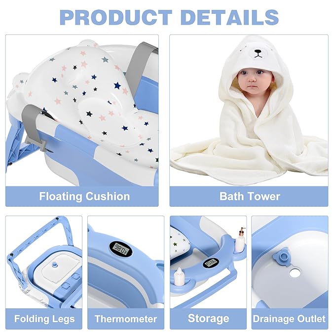 MoreFeel Collapsible Baby Bathtub for Newborn with Thermometer & 1 Hooded Towel & 1 Soft Floating Cushion,Portable Travel Bathtub with Drain Hole, Durable Foldable Baby Tubs for Infants to Toddler