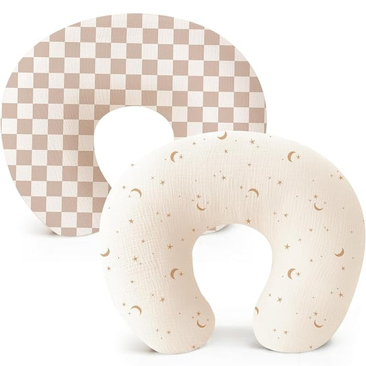 Konssy 2-Pack Muslin Nursing Pillow Covers, Soft & Adorable Nursing Covers for Breastfeeding Pillows, Slipcovers for Newborn Boys & Girls(Coffee Check,Moon)