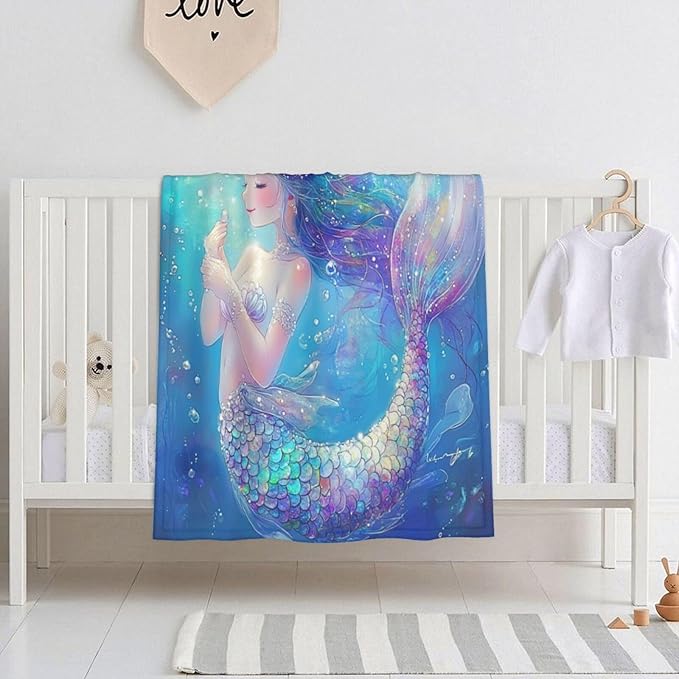 Baby Blanket Mermaid Childish Blue Sea for Boy Girl Newborn 30x40 Inch Toddler Infant Nursery Throw Blankets Double Layer Comfy Soft Plush Stroller Crib Quilt