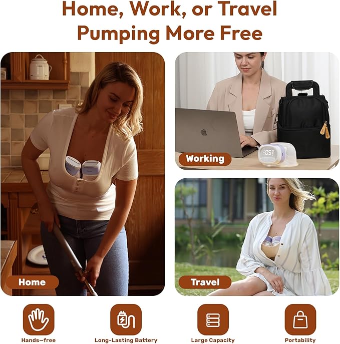 Wearable Breastfeeding Pump Hands Free of Long Battery Life, Portable Electric Wireless Breast Pump with 3 Modes and 9 Levels, LED Display, 16/18/20/22/24mm Flanges & Inserts, 2 Pack (Purple)