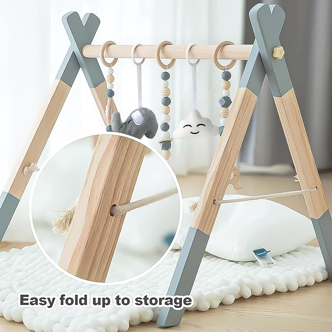 Wooden Baby Play Gym Foldable Gym Frame Activity Gym Hanging Bar with 5 Toys Natural for Newborn Baby (Foldable Grey)