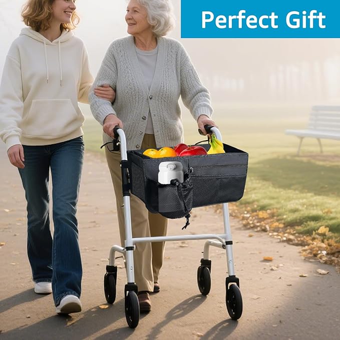 Basket for Walkers for Seniors Detachable, Walker Storage Bags and Pouches Accessories for Rolling Folding Walker to Carry Things, Rollator Walker Foldable Basket with Cup Holder, Gifts for Seniors