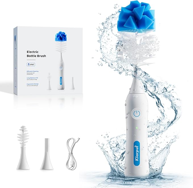 Electric Bottle Brush Cleaner, IPX7 Waterproof Baby Bottle Cleaner Kit with Replaceable Nipple Brush & Extender Rod, 2 Speed Modes, 360° Auto Cleaning, 2000mAh Battery, Rechargeable, Blue