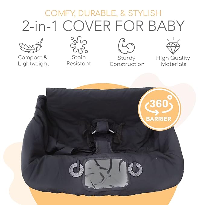 2-in-1 Cushy High Chair Cover and Shopping Cart Cover for Baby, Comfortable Cover for Grocery Cart, Universal Fit Cart Cover for Babies, Includes Storage Pouch - Black