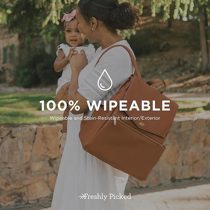 Freshly Picked Classic II Diaper Bag Backpack, Wipeable Vegan Leather With Changing Pad, Convertible (Cognac V2)