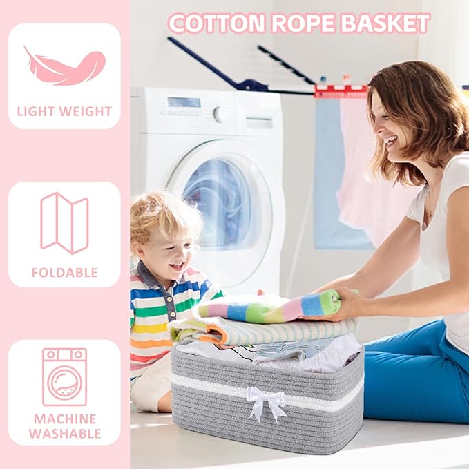 OIAHOMY Large Woven Storage Basket with Handles for Nursery Living Room Shelves, Bow Basket for Gifts Empty with Gift Bags and Ribbons for Baby Showers Pet Toy Bin - Grey