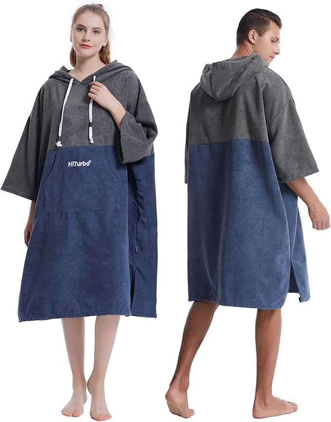 Hiturbo Changing Robe, Absorbent Quick Dry Surf Poncho, 3/4 Sleeve Microfiber Hooded Towel for Beach Swimming Surfing Bathing
