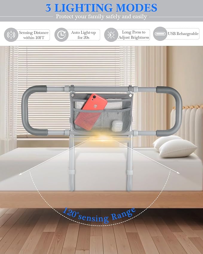 Bed Rails for Elderly Adults Safety, Extended Beds Assist Rail for Seniors with Motion Sensor Light - Adjustable Side Bed Guard Rails Handle Support Bar with Storage Bag, Fit King Queen Full Twin Bed
