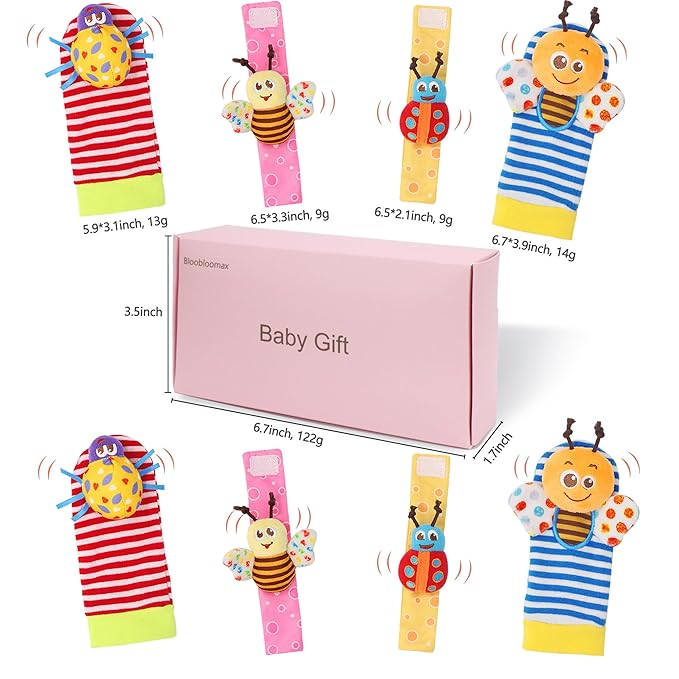 Bloobloomax Baby Rattles Toys for 0-12 Month, Infant Girl Boy Toys for Babies 3-6 Months, Newborn Hand & Foot Toys for 0 to 9 Months, Baby Shower Gifts Set with Wrist Rattle Socks (Pink-8PCS)