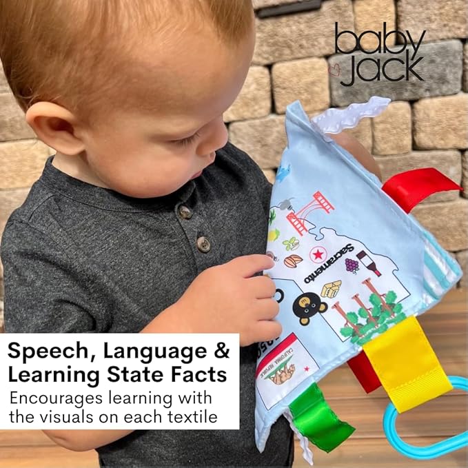 Baby Jack & Co 8x8” Learning Lovey South Carolina State Tag Stroller Toy for Babies - Crinkle Toys for Developing Five Senses - Learn About Capitals - Travel with Baby Jack - BPA Free Clip