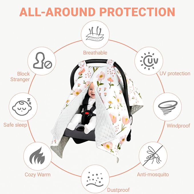 Metplus 2 in 1 Baby Car Seat Cover, Car Seat Canopy for Babies, Mom Multiuse Nursing Cover, Minky Baby Carrier Covers, Newborn Boy Girl, Peekaboo Opening