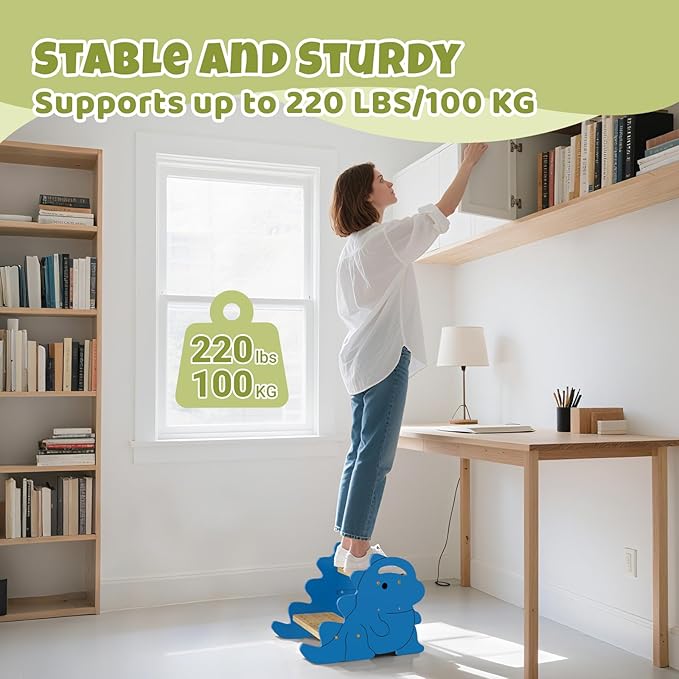 COSYLAND Height Adjustable Step Stools for Kids - Supports Up to 220 KBS Wooden Step Stool for Toddlers, Portable Stepping Stools with Handle for Kitchen, Bathroom (Natural & Blue)