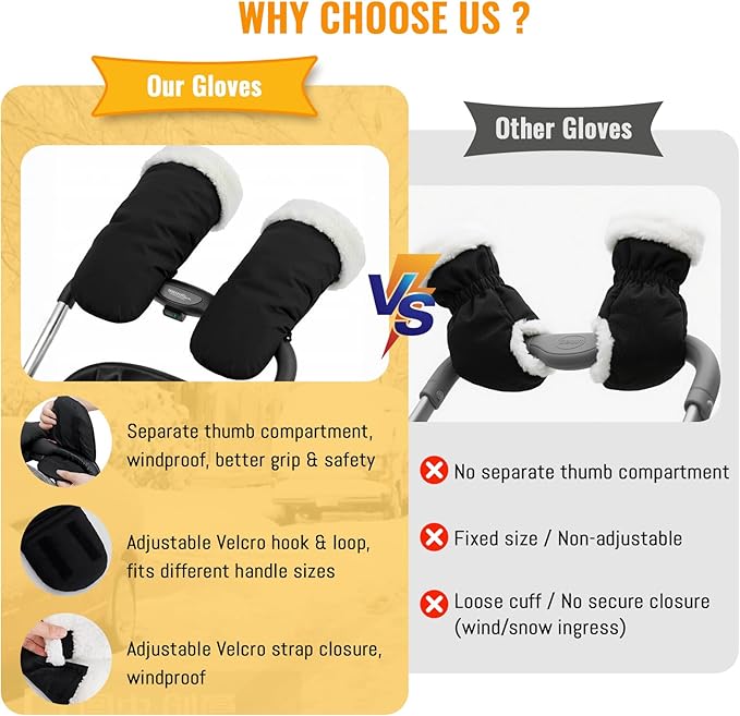 KAKIBLIN Winter Stroller Gloves, Hand Muff for Cold Weather, Universal Ultra-Plush Winter Stroller Mittens for Baby Parents, Warm Waterproof Windproof Strollers Glove Accessories(Black)