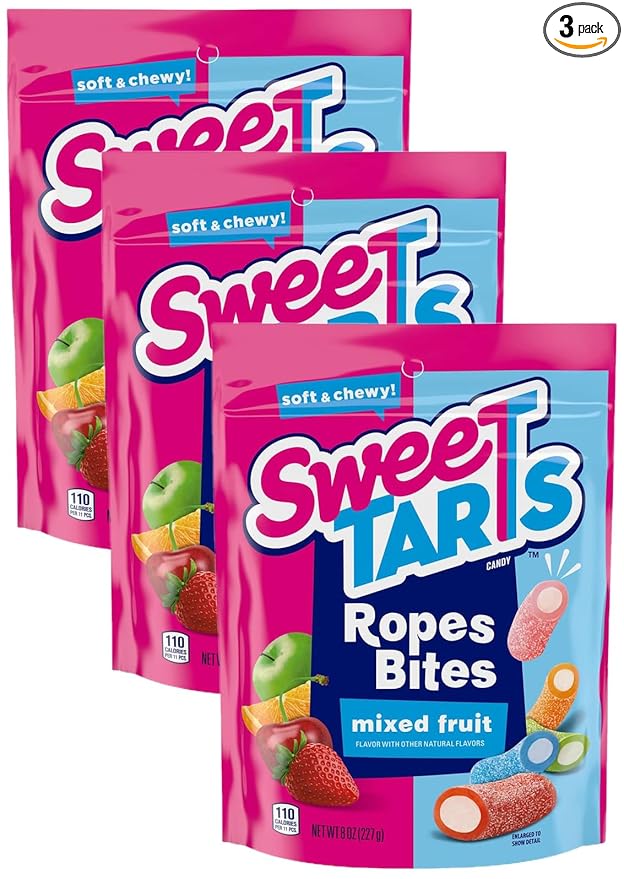 SweeTARTS Rope Bites Candy, Mixed Fruit, 8 Ounce Resealable Bag (Pack of 3)