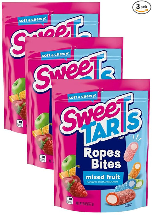 SweeTARTS Rope Bites Candy, Mixed Fruit, 8 Ounce Resealable Bag (Pack of 3)