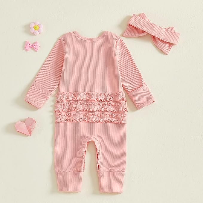 WZTYYDS Newborn Baby Girl Clothes Ribbed Romper Print Long Sleeve Jumpsuits Bow Headband Set Infant One-piece Outfits