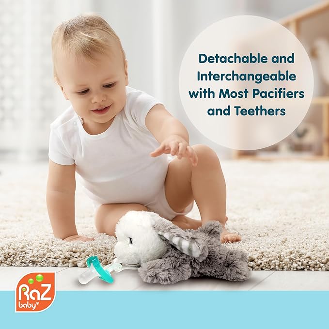 RaZbaby JollyPop Pacifier, Holder w/Detachable Baby Pacifier, Stuffed Animal RaZbuddy, All Ages 0M+, 100% Medical Grade USA Made Silicone, Machine Washable, Textured & Easy to Hold – Puppy