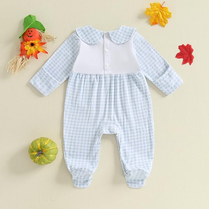 woshilaocai Baby Fall Outfit Boy Girl Plaid Embroidered Collar Romper Footie Infant Halloween Clothes