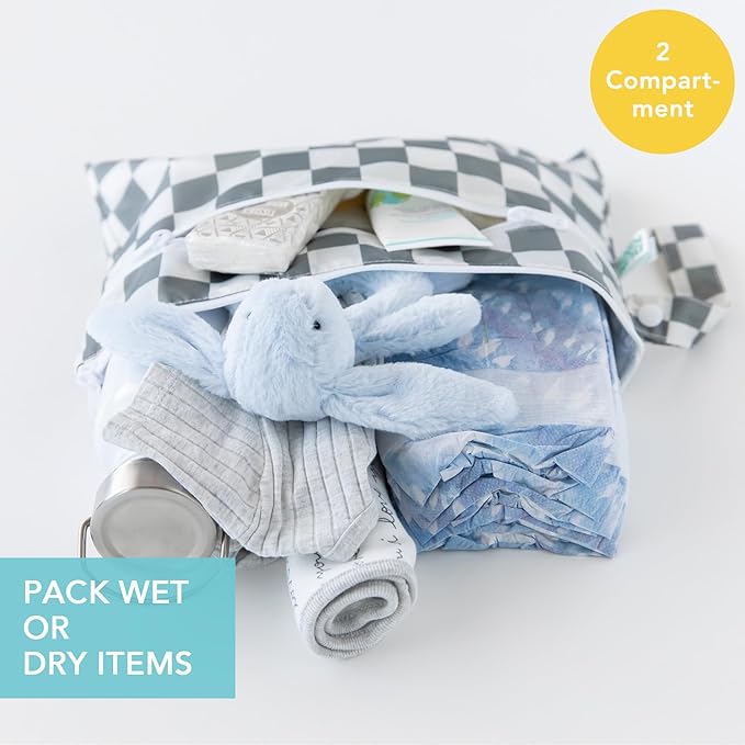 Bumkins Waterproof Wet Dry Clutch Bag for Baby, Travel, Swim Suit, Cloth Diapers, Pump Parts, Pool, Gym Clothes, Toiletry, Strap to Stroller, Daycare, Zip Reusable Bag, Packing Pouch, Gray Check