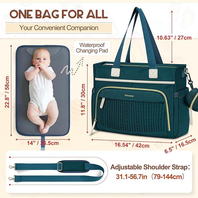 RAINSMORE Diaper Bag Tote, Large Diaper Baby Bag Waterproof Multifunctional Diaper Bag with Pacifier Case & Changing Pad