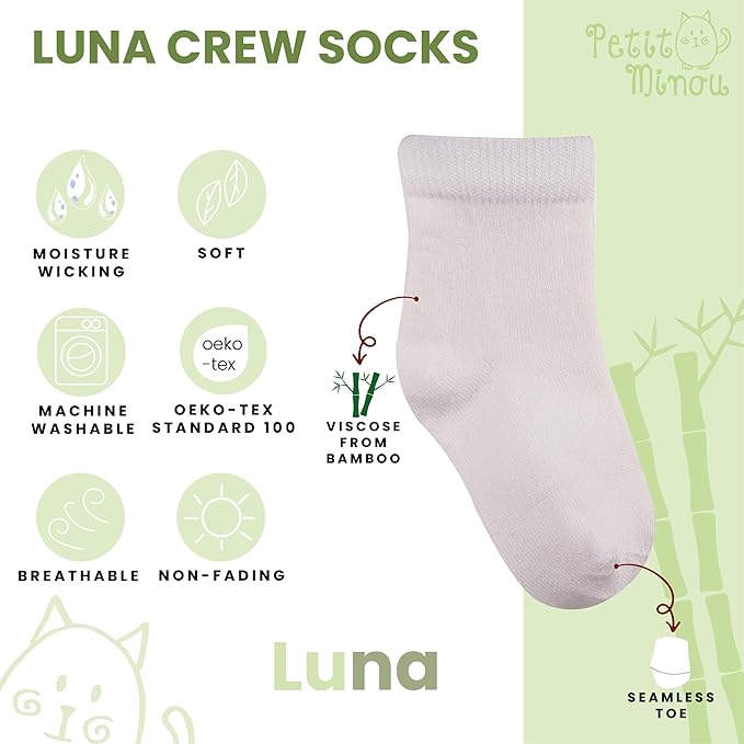 Luna Seamless-Toe Viscose from Bamboo Crew Socks - Soft Eco-Friendly 6-Pack Baby & Toddler Socks