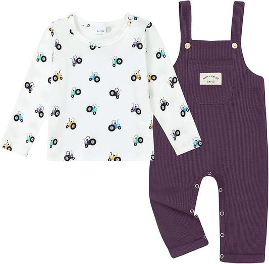 ZOEREA Toddler Baby Boys Clothes Outfit Long Sleeve T-Shirt and Romper Set Cute Jumpsuit Overalls Solid Color 6M-4T