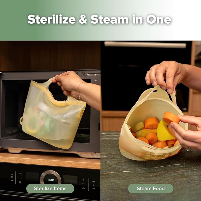 Haakaa On-The-Go Silicone Microwave Steam Sterilizer Bags for Travel, 40oz/1250ml Reusable Silicone Steaming Bags for Baby Bottles, Breast Pump, Accessories, Pacifiers, Teethers, Pineapple/1PC