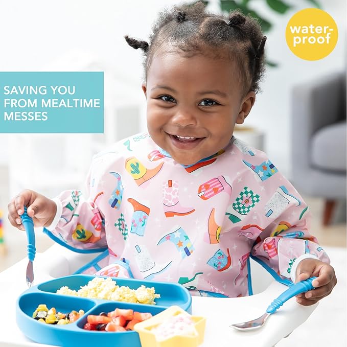 Bumkins Sleeved Baby Bib – Long Sleeve Waterproof Fabric Feeding Smock with Crumb Catcher Pocket, Adjustable Toddler Apron for Baby Led Weaning, Comfortable for Ages 6–24 Months, Cowgirl Boots 2-pack