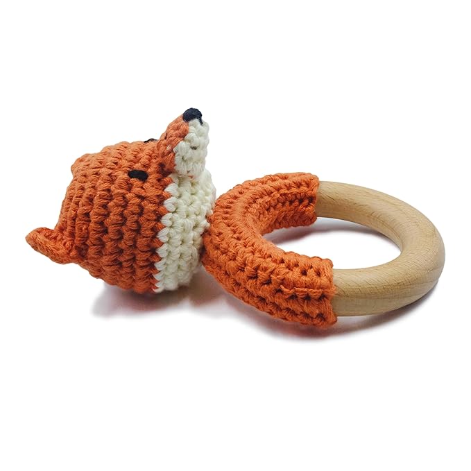 Joliecraft Safari Animals Wooden Baby Rattle Toys Stuffed Crochet Rattle with Teether Ring for Newborn, Orange Fox