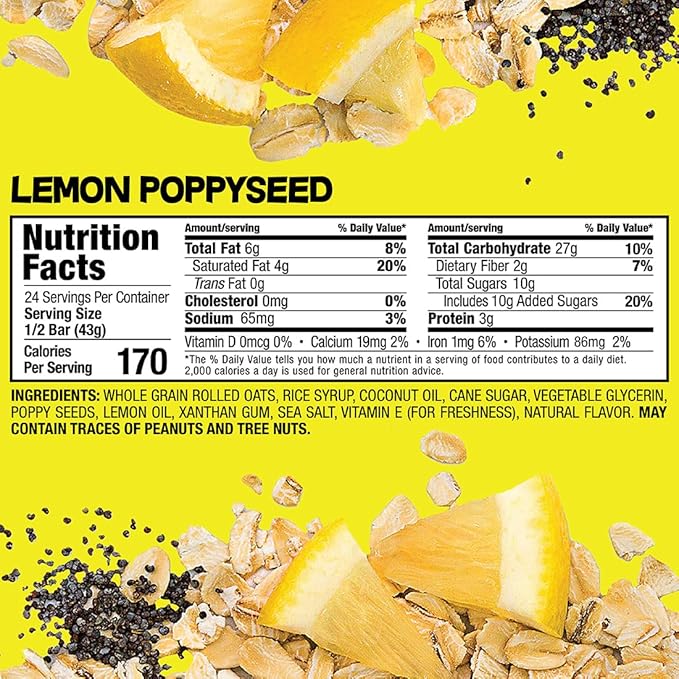 Bobo's Oatmeal Bars, Lemon Poppyseed, Gluten Free Vegan Whole Grain Oat Bars, Pack of 12