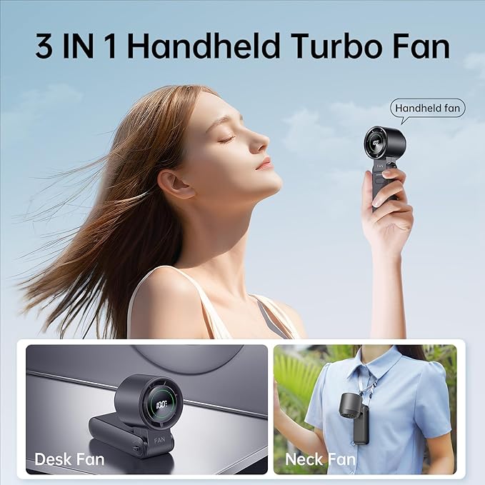 3-in-1 Portable Handheld Turbo Fan-100 Speeds, 13500 RPM, 12Hrs Cooling, Digital Display, 120° Rotation, USB Rechargeable Mini Hand Held Personal Fan for Travel, Makeup, Outdoor, Indoor (Black)
