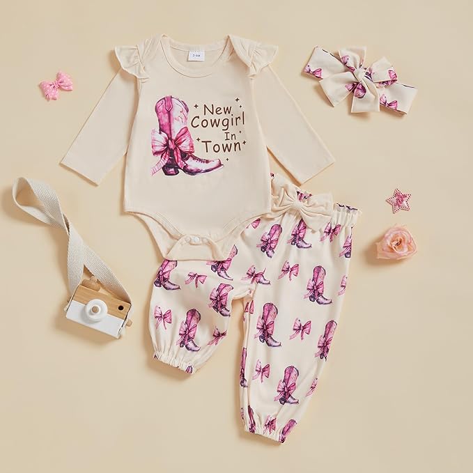 Fernvia Western Newborn Baby Girl Clothes Long Sleeve Letter Print Romper Animal Print Pants Headband 3Pcs Outfits Sets