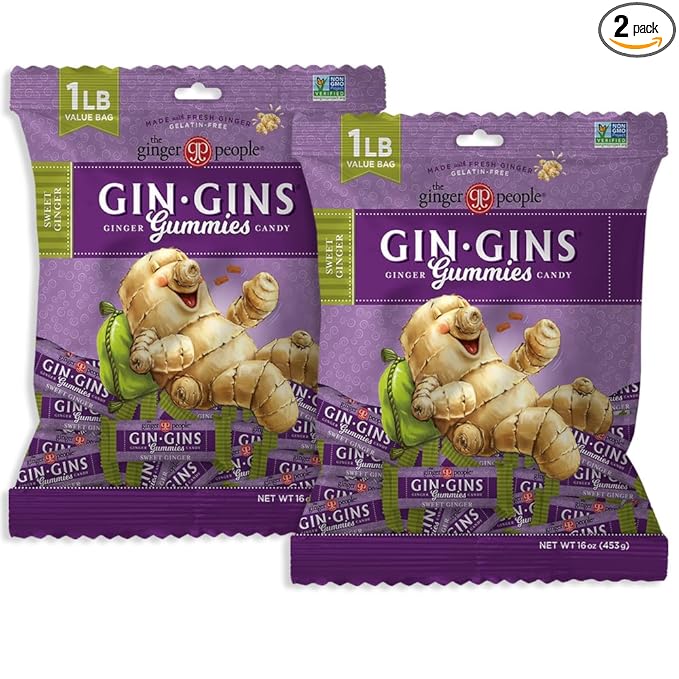 GIN GINS Sweet Ginger Gummies – Natural Fresh Ginger Candy by The Ginger People – Sweet Ginger Gummies Flavor – Large 1 lb Bag (16oz) – Pack of 2