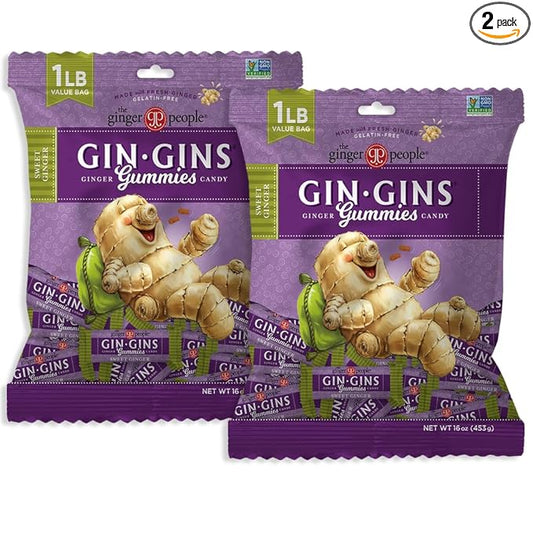GIN GINS Sweet Ginger Gummies – Natural Fresh Ginger Candy by The Ginger People – Sweet Ginger Gummies Flavor – Large 1 lb Bag (16oz) – Pack of 2