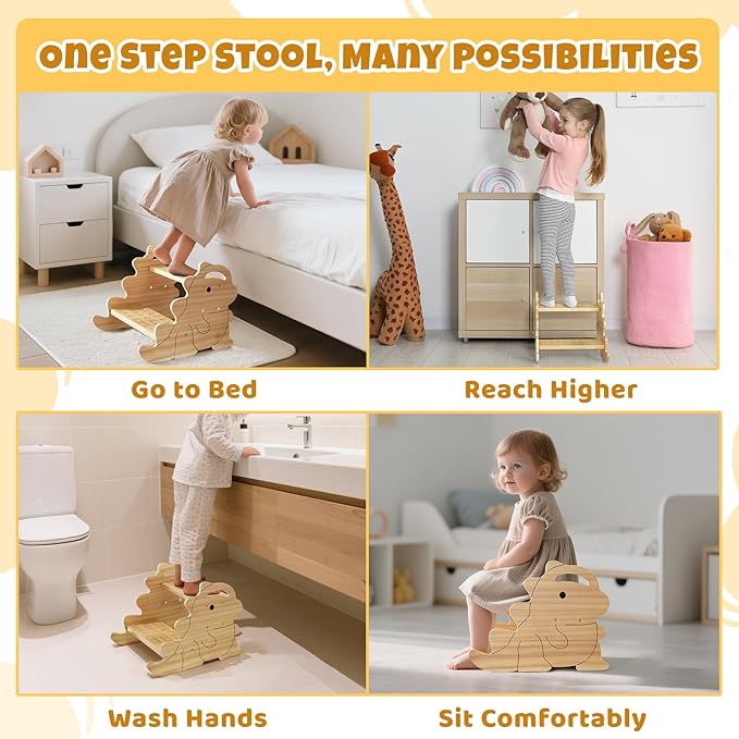 COSYLAND 2 Step Stool for Kids – Height Adjustable Non-Slip Toddler Stepping Stool for Bathroom Sink & Potty Training - Stable Dinosaur Shaped Kids Stool for Kitchen, Bedroom & Home (Natural)