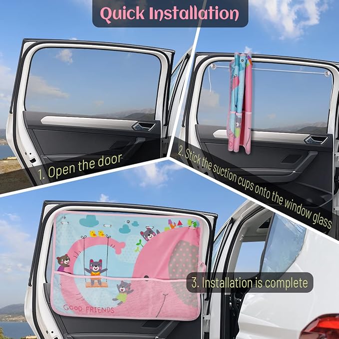 Car Sun Shade for Window Baby, 2 Pack Full Shade Window Shades with Storage Net Pocket, 7 Suction Cups, Cute Elephant for Sun/Heat/UV Rays Protection, Kids